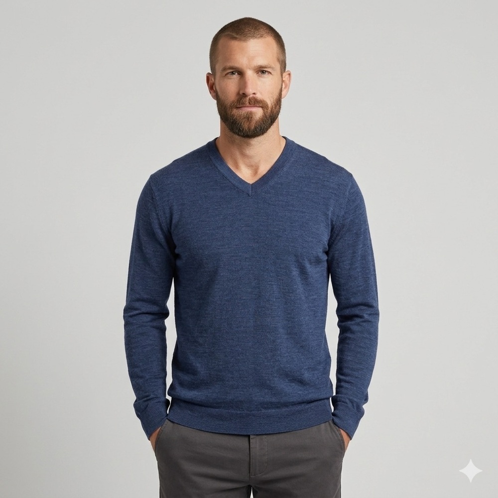 Ibex Blue Merino Wool Blend V-Neck Sweater - Large